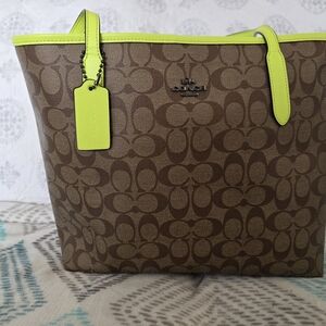 Coach Brown and Neon Green Tote Bag